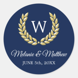 Elegant Navy Blue & Gold Laurel Monogram Wedding Runder Aufkleber