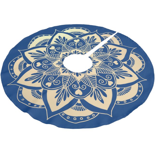 Elegant Navy Blue Gold Mandala Boho Weihnachten Polyester Weihnachtsbaumdecke (Schrägansicht)