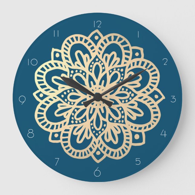 Elegant Navy Blue Gold Mandala Wall Clock Große Wanduhr (Vorderseite)