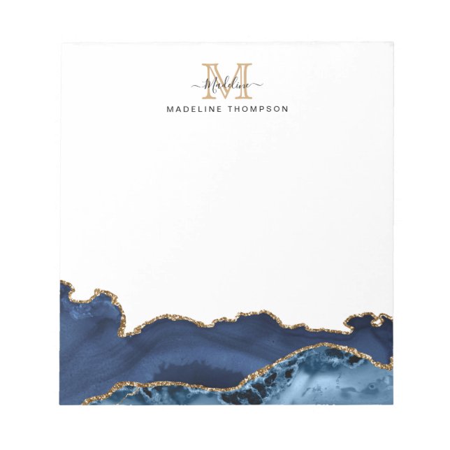 Elegant Navy Blue Gold Marmor Agate Monogram Notizblock (Vorderseite)