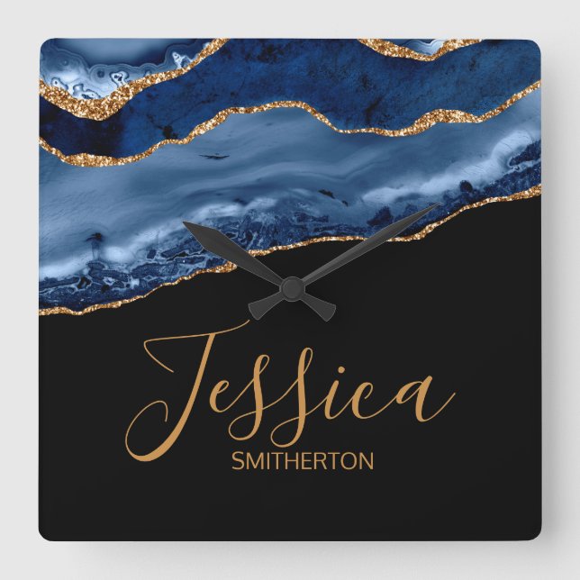 Elegant Navy Blue Gold Marmor Agate Name Quadratische Wanduhr (Vorderseite)