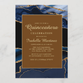 Elegant Navy Blue Gold Marmor Agate Quinceañera Einladung