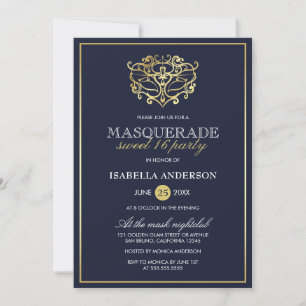 Elegant Navy Blue & Gold Masquerade Sweet 16 Party Einladung