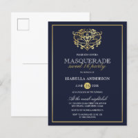 Elegant Navy Blue & Gold Masquerade Sweet 16 Party
