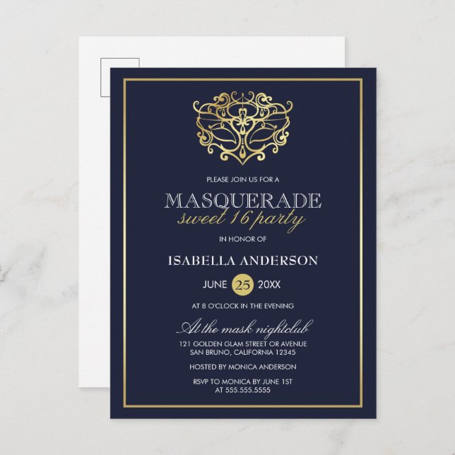 Elegant Navy Blue & Gold Masquerade Sweet 16 Party Einladungspostkarte (Vorne/Hinten)