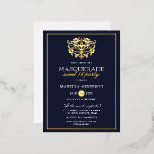 Elegant Navy Blue & Gold Masquerade Sweet 16 Party Folie Einladungspostkarte