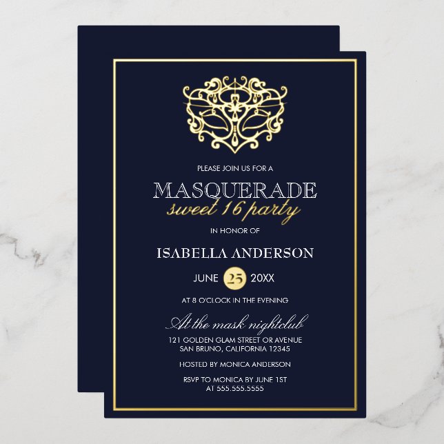 Elegant Navy Blue & Gold Masquerade Sweet 16 Party Folieneinladung (Vorderseite/Rückseite)