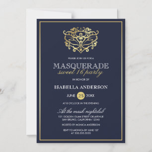 Elegant Navy Blue & Gold Masquerade Sweet 16 Party Magneteinladung