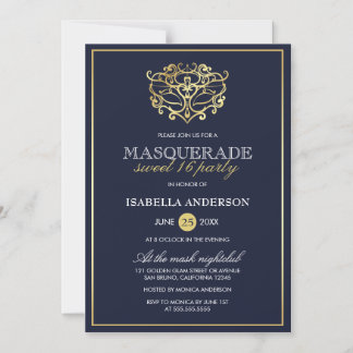 Elegant Navy Blue & Gold Masquerade Sweet 16 Party Magneteinladung
