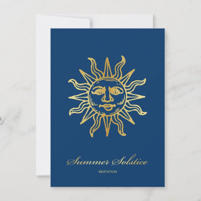 Elegant Navy Blue & Gold Metallic Summer Solstice Einladung (Vorderseite)