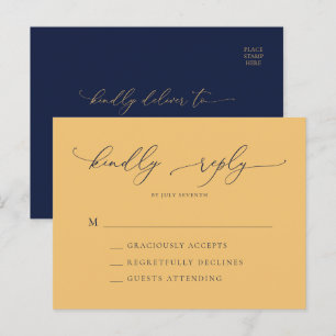 Elegant Navy Blue & Gold Minimal Wedding RSVP Postkarte