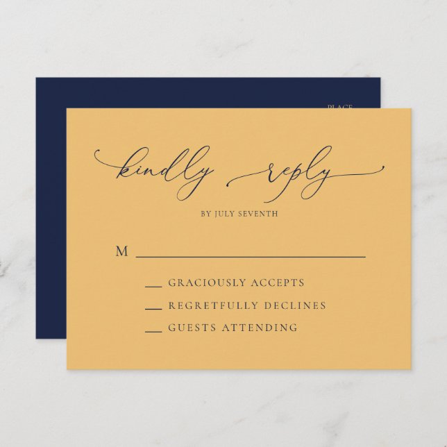 Elegant Navy Blue & Gold Minimal Wedding RSVP Postkarte (Vorne/Hinten)