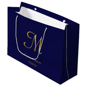 Elegant Navy Blue & Gold Monogram Name Wedding Große Geschenktüte