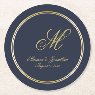 Elegant Navy Blue Gold Monogram Script Wedding Runder Pappuntersetzer