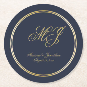 Elegant Navy Blue Gold Monogram Script Wedding Runder Pappuntersetzer
