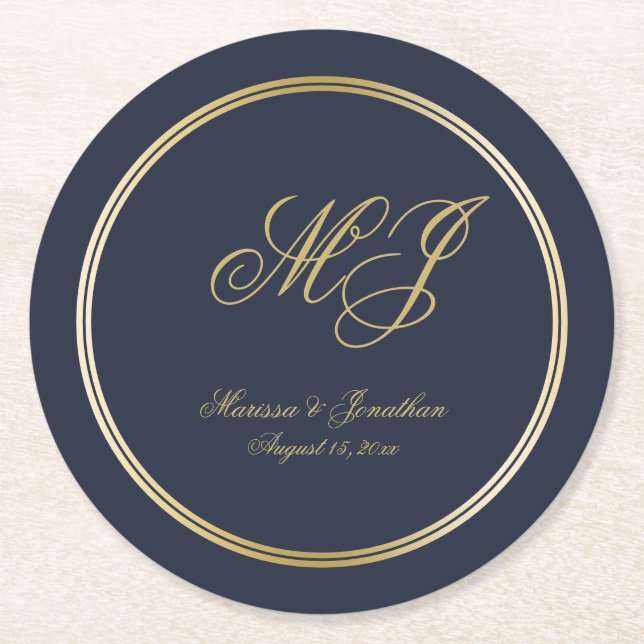 Elegant Navy Blue Gold Monogram Script Wedding Runder Pappuntersetzer (Vorderseite)