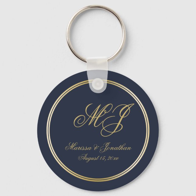 Elegant Navy Blue Gold Monogram Script Wedding Schlüsselanhänger (Vorderseite)