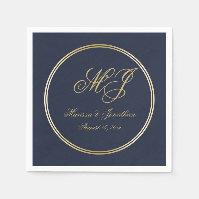 Elegant Navy Blue Gold Monogram Script Wedding Serviette (Vorderseite)