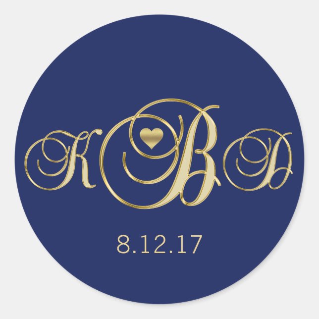 Elegant Navy Blue Gold Monogram Wedding Runder Aufkleber (Vorderseite)
