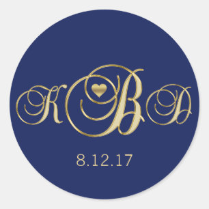 Elegant Navy Blue Gold Monogram Wedding Runder Aufkleber