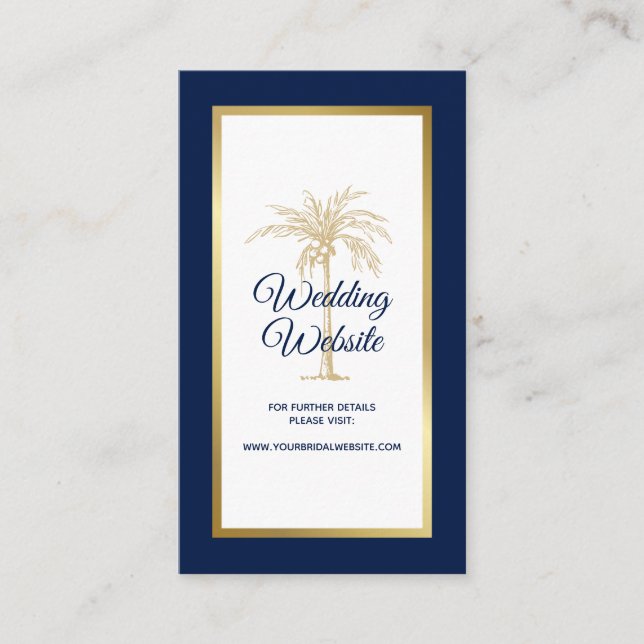 Elegant Navy Blue Gold Palm Tree Wedding Website Begleitkarte (Vorderseite)