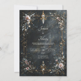 Elegant Navy Blue Gold Pink Floral Night Wedding Einladung