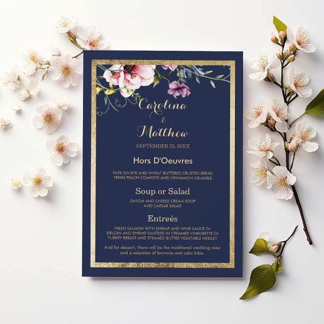 Elegant navy blue gold pink floral Wedding Menu Menükarte (Elegant navy blue gold pink floral Wedding Menu )