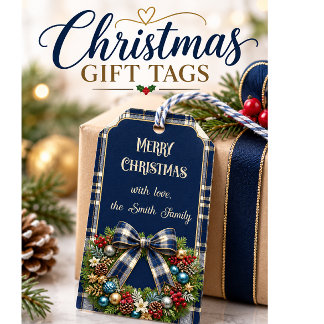 Elegant Navy Blue Gold Plaid Christmas Wreath Geschenkanhänger