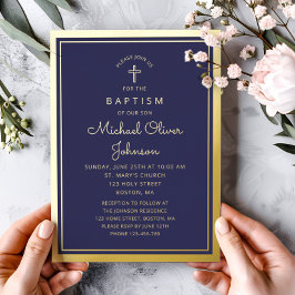 Elegant Navy Blue Gold Religious Cross Baptism Folieneinladung