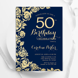 Elegant Navy Blue Gold Rose 50. Geburtstag Einladung