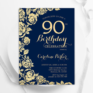 Elegant Navy Blue Gold Rose 90. Geburtstag Einladung