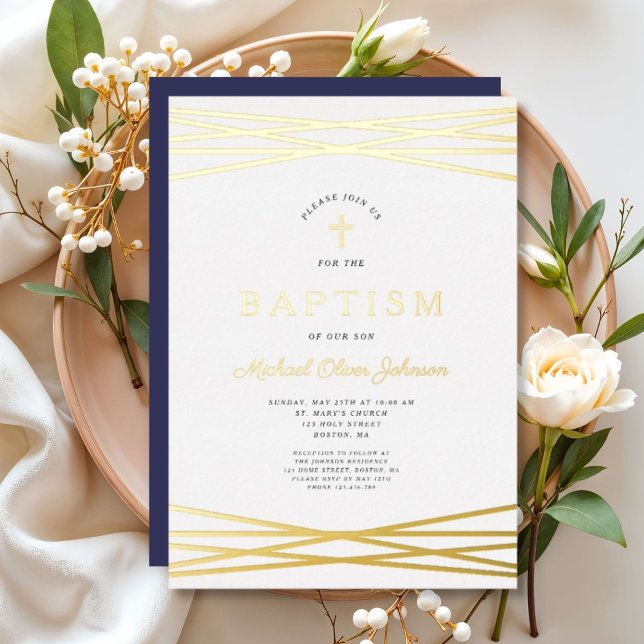 Elegant Navy Blue Gold Script Boy Taufe Folieneinladung (Elegant Navy Blue Gold Script Boy Baptism Foil Invitation)