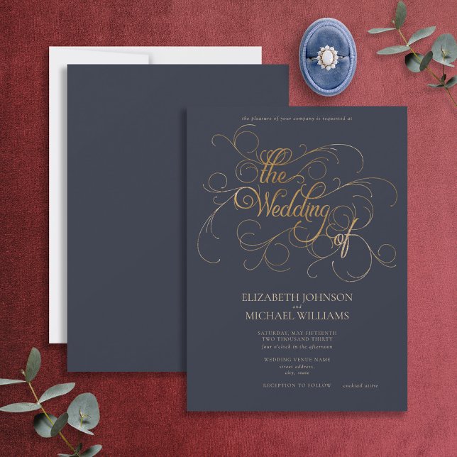 Elegant Navy Blue & Gold Script Wedding Einladung (Von Creator hochgeladen)