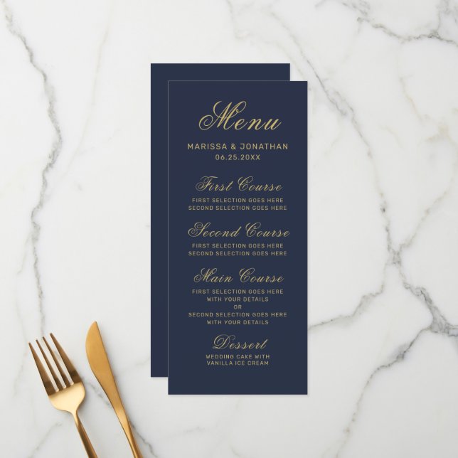 Elegant Navy Blue Gold Script Wedding Menükarte (Vorderseite/Rückseite Beispiel)