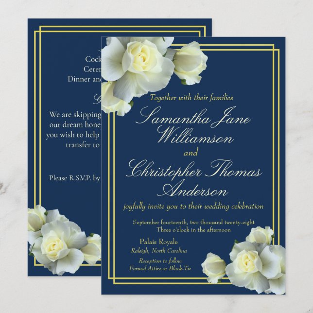 Elegant Navy Blue Gold Script White Rose Hochzeit Einladung (Vorne/Hinten)