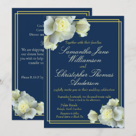 Elegant Navy Blue Gold Script White Rose Hochzeit Einladung