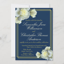 Elegant Navy Blue Gold Script White Rose Hochzeit Einladung