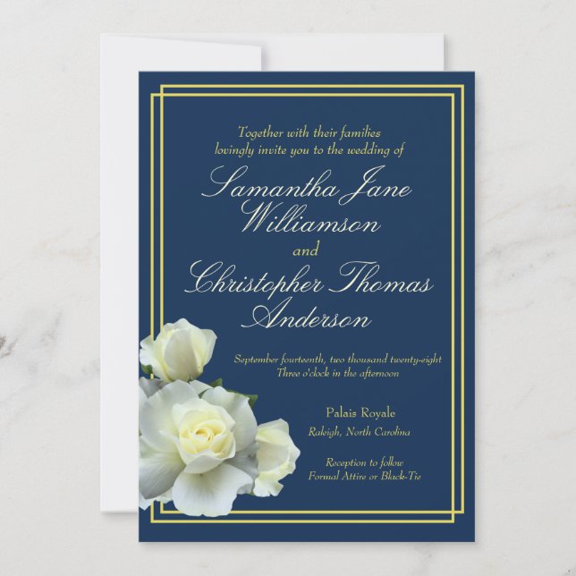 Elegant Navy Blue Gold Script White Rose Hochzeit Einladung (Vorderseite)
