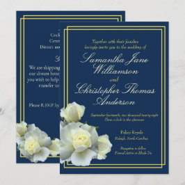 Elegant Navy Blue Gold Script White Rose Hochzeit Einladung