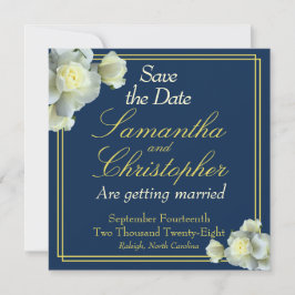 Elegant Navy Blue Gold Script White Rose Hochzeit Save The Date