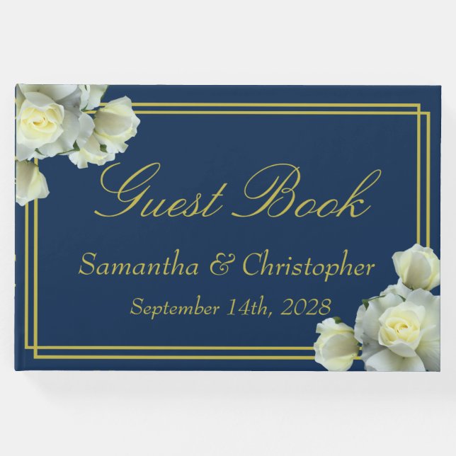 Elegant Navy Blue Gold Script White Roses Hochzeit Gästebuch (Vorderseite)