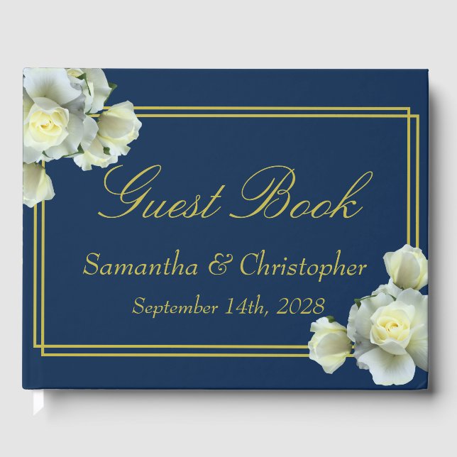 Elegant Navy Blue Gold Script White Roses Hochzeit Gästebuch (Vorderseite)