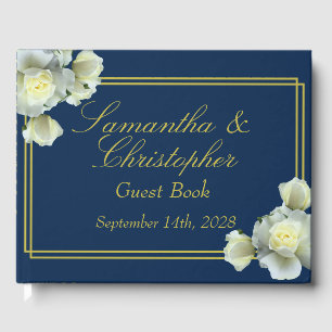 Elegant Navy Blue Gold Script White Roses Hochzeit Gästebuch