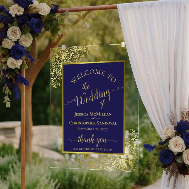 Elegant Navy Blue & Gold Wedding Welcome Acrylschild (Von Creator hochgeladen)