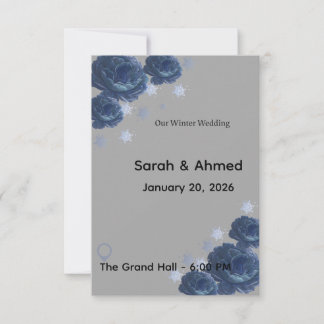 Elegant Navy Blue & Gold Winter Floral Wedding Inv RSVP Karte