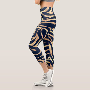 Elegant Navy Blue Gold Zebra Print Capri Leggings