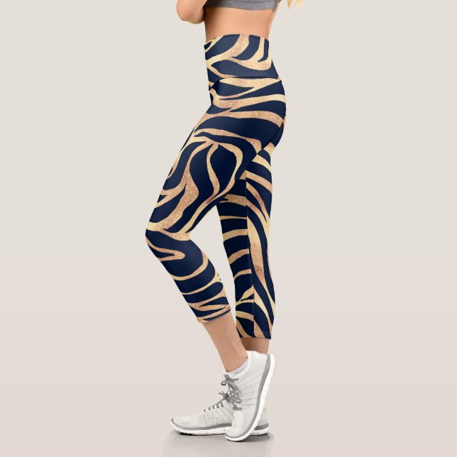 Elegant Navy Blue Gold Zebra Print Capri Leggings (Links)