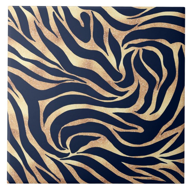 Elegant Navy Blue Gold Zebra Print Fliese (Vorderseite)