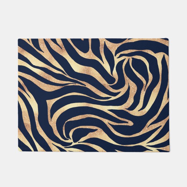 Elegant Navy Blue Gold Zebra Print Fußmatte (Vorderseite)