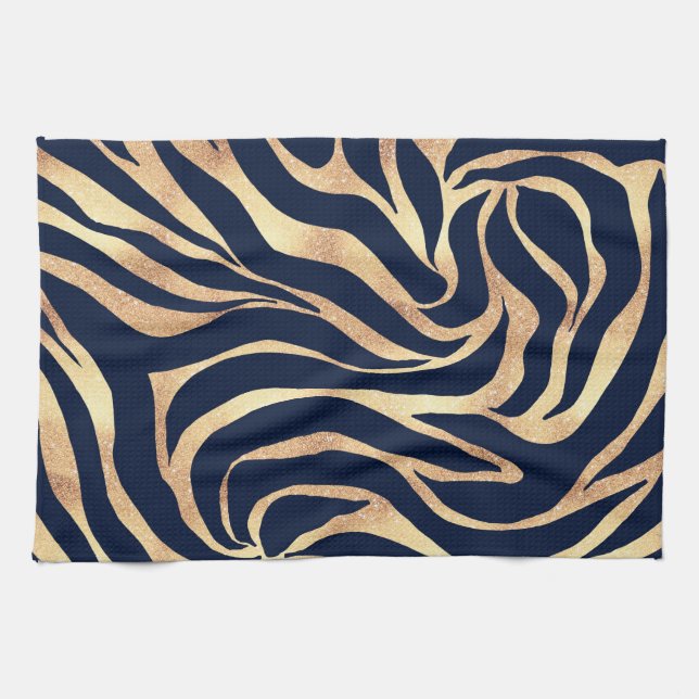 Elegant Navy Blue Gold Zebra Print Geschirrtuch (Horizontal)